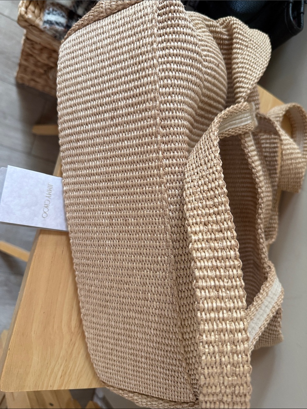 Jimmy Choo Beige Woven Tote with White Logo - Picture 6 of 7